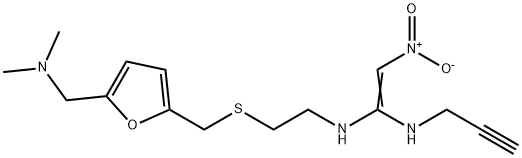N-[2-[[[5-[(ジメチルアミノ)メチル]-2-フラニル]メチル]チオ]エチル]-2-ニトロ-N'-(2-プロピニル)-1,1-エテンジアミン 化学構造式