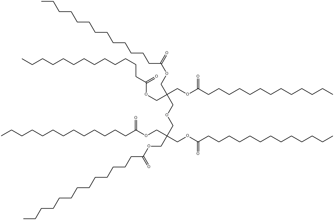 2-（｛3-（テトラデカノイルオキシ）-2，2-ビス［（テトラデカノイルオキシ）メチル］プロポキシ｝メチル）-2-［（テトラデカノイルオキシ）メチル］プロパン-1，3-ジイル＝ジ（テトラデカノアート） 化学構造式