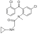 N-[4-クロロ-2-(2-クロロベンゾイル)フェニル]-2-(シクロプロピルアミノ)-N-メチルアセトアミド 化学構造式