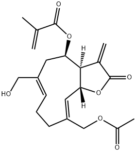 2-Methylpropenoic acid [(3aR,4R,6Z,10Z,11aR)-10-acetoxymethyl-2,3,3a,4,5,8,9,11a-octahydro-6-hydroxymethyl-3-methylene-2-oxocyclodeca[b]furan-4-yl] ester 结构式