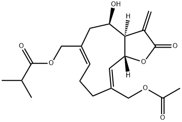 2-メチルプロパン酸[[(3aR,4R,6Z,10Z,11aR)-10-アセトキシメチル-2,3,3a,4,5,8,9,11a-オクタヒドロ-4-ヒドロキシ-3-メチレン-2-オキソシクロデカ[b]フラン-6-イル]メチル] 化学構造式