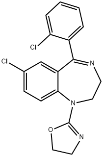 7-クロロ-5-(2-クロロフェニル)-1-(4,5-ジヒドロオキサゾール-2-イル)-2,3-ジヒドロ-1H-1,4-ベンゾジアゼピン 化学構造式