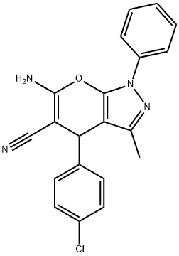 6-氨基-4-(4-氯苯基)-3-甲基-1-苯基-1,4-二氢吡喃并[2,3-C]吡唑-5-甲腈, 76973-35-8, 结构式