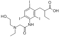 α-エチル-3-[2-[エチル(2-ヒドロキシエチル)アミノ]アセチルアミノ]-2,4,6-トリヨードヒドロけい皮酸 化学構造式