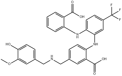 Benzoic  acid,  2-[[2-[(2-carboxyphenyl)amino]-5-(trifluoromethyl)phenyl]amino]-5-[[[(4-hydroxy-3-methoxyphenyl)methyl]amino]methyl]- Struktur
