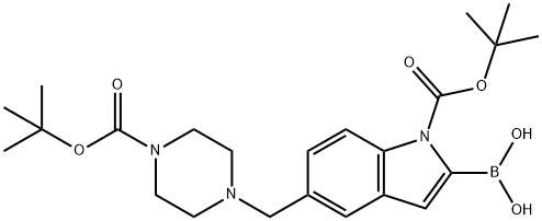 1H-Indole-1-carboxylic acid, 2-borono-5-[[4-[(1,1-dimethylethoxy)carbonyl]-1-piperazinyl]methyl]-, 1-(1,1-dimethylethyl) ester Struktur