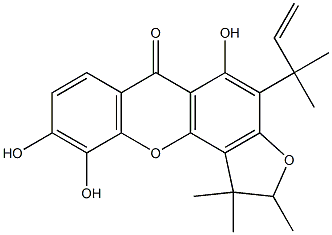 (-)-1,2-Dihydro-5,9,10-trihydroxy-1,1,2-trimethyl-4-(1,1-dimethyl-2-propenyl)-6H-furo[2,3-c]xanthen-6-one Structure