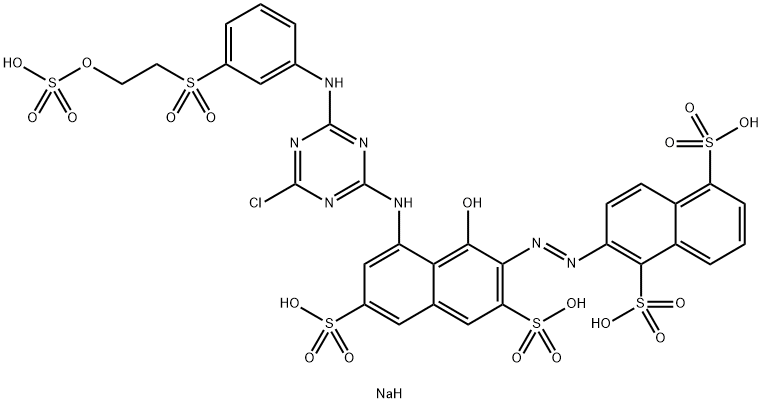 pentasodium 2-[[8-[[4-chloro-6-[[3-[[2-(sulphonatooxy)ethyl]sulphonyl]phenyl]amino]-1,3,5-triazin-2-yl]amino]-1-hydroxy-3,6-disulphonato-2-naphthyl]azo]naphthalene-1,5-disulphonate Struktur