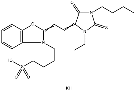 3-BUTYL-1-ETHYL-5-[2-(3-SULFOBUTYL-BENZO[1,3]OXAZOLIN-2-YLIDENE)-ETHYLIDENE]-2-THIOXO-IMIDAZOLIDIN-4-ONE POTASSIUM SALT 结构式