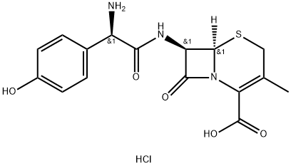 (6R)-7α-[[(R)-アミノ(4-ヒドロキシフェニル)アセチル]アミノ]-3-メチル-8-オキソ-5-チア-1-アザビシクロ[4.2.0]オクタ-2-エン-2-カルボン酸・塩酸塩 化学構造式