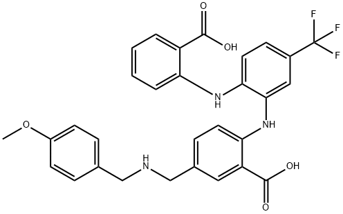 Benzoic  acid,  2-[[2-[(2-carboxyphenyl)amino]-5-(trifluoromethyl)phenyl]amino]-5-[[[(4-methoxyphenyl)methyl]amino]methyl]- Structure