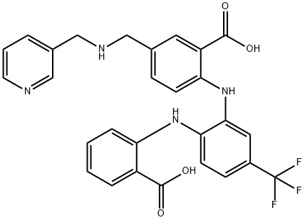 Benzoic  acid,  2-[[2-[(2-carboxyphenyl)amino]-5-(trifluoromethyl)phenyl]amino]-5-[[(3-pyridinylmethyl)amino]methyl]- Struktur