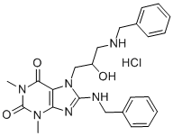 1H-Purine-2,6-dione, 3,7-dihydro-1,3-dimethyl-7-(2-hydroxy-3-((phenylm ethyl)amino)propyl)-8-((phenylmethyl)amino)-, monohydrochloride,78721-09-2,结构式