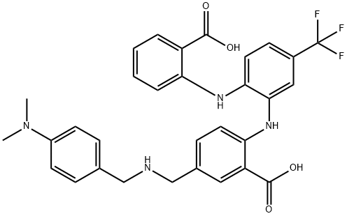 Benzoic  acid,  2-[[2-[(2-carboxyphenyl)amino]-5-(trifluoromethyl)phenyl]amino]-5-[[[[4-(dimethylamino)phenyl]methyl]amino]methyl]- Structure
