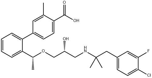 [1,1'-Biphenyl]-4-carboxylic acid, 2'-[(1R)-1-[(2R)-3-[[2-(4-chloro-3-fluorophenyl)-1,1-diMethylethyl]aMino]-2-hydroxypropoxy]ethyl]-3-Methyl-,787583-71-5,结构式