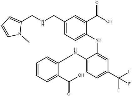 Benzoic  acid,  2-[[2-[(2-carboxyphenyl)amino]-5-(trifluoromethyl)phenyl]amino]-5-[[[(1-methyl-1H-pyrrol-2-yl)methyl]amino]methyl]-,788155-89-5,结构式