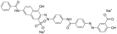 5-[[4-[[[4-[[6-(ベンゾイルアミノ)-1-ヒドロキシ-3-スルホ-2-ナフチル]アゾ]フェニル]アミノ]カルボニル]フェニル]アゾ]-2-ヒドロキシ安息香酸ジナトリウム 化学構造式