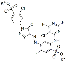 dipotassium 4-[(5-chloro-2,6-difluoro-4-pyrimidinyl)amino]-6-[[1-(3-chloro-4-sulphonatophenyl)-4,5-dihydro-3-methyl-5-oxo-1H-pyrazol-4-yl]azo]toluene-3-sulphonate Struktur