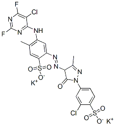 dipotassium 6-[(5-chloro-2,6-difluoro-4-pyrimidinyl)amino]-4-[[1-(3-chloro-4-sulphonatophenyl)-4,5-dihydro-3-methyl-5-oxo-1H-pyrazol-4-yl]azo]toluene-3-sulphonate|4-[(5-氯-2,6-二氟-4-嘧啶基)氨基]-2-[[1-(3-氯-4-磺苯基)-4,5-二氢-3-甲基-5-氧代-1H-吡唑-4-基]偶氮]-5-甲基-苯磺酸二钾盐