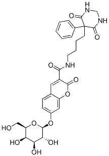 7-(β-D-ガラクトピラノシルオキシ)-N-[4-[(ヘキサヒドロ-4,6-ジオキソ-5-フェニルピリミジン)-5-イル]ブチル]-2-オキソ-2H-1-ベンゾピラン-3-カルボアミド 化学構造式