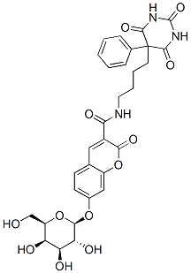 7-(β-D-ガラクトピラノシルオキシ)-N-[4-[(ヘキサヒドロ-2,4,6-トリオキソ-5-フェニルピリミジン)-5-イル]ブチル]-2-オキソ-2H-1-ベンゾピラン-3-カルボアミド 化学構造式