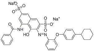 disodium 5-(benzoylamino)-3-[[2-(4-cyclohexylphenoxy)phenyl]azo]-4-hydroxynaphthalene-2,7-disulphonate Struktur