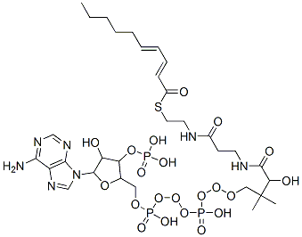 [5-(6-aminopurin-9-yl)-2-[[[[3-[2-(2-deca-2,4-dienoylsulfanylethylcarbamoyl)ethylcarbamoyl]-3-hydroxy-2,2-dimethyl-propoxy]-hydroxy-phosphoryl]oxy-hydroxy-phosphoryl]oxymethyl]-4-hydroxy-oxolan-3-yl]oxyphosphonic acid Struktur