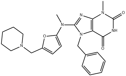1H-Purine-2,6-dione,  3,7-dihydro-3-methyl-8-[methyl[5-(1-piperidinylmethyl)-2-furanyl]amino]-7-(phenylmethyl)- 结构式