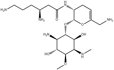 5-アミノ-6-O-[(2S)-6-(アミノメチル)-3α-[[(S)-3,6-ジアミノ-1-オキソヘキシル]アミノ]-3,4-ジヒドロ-2H-ピラン-2α-イル]-2,5-ジデオキシ-3-O-メチル-2-(メチルアミノ)-D-myo-イノシトール 化学構造式