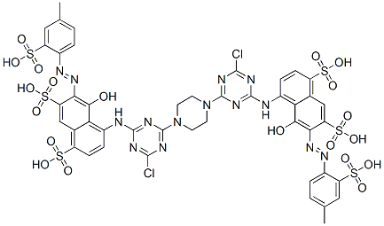 1,4-Bis[4-chloro-6-[8-hydroxy-7-(4-methyl-2-sulfophenylazo)-4,6-disulfo-1-naphtylamino]-1,3,5-triazin-2-yl]piperazine Struktur