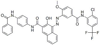 N-[4-(ベンゾイルアミノ)フェニル]-4-[[5-[[[2-クロロ-5-(トリフルオロメチル)フェニル]アミノ]カルボニル]-2-メトキシフェニル]アゾ]-3-ヒドロキシ-2-ナフタレンカルボアミド 化学構造式