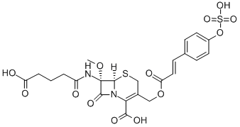 (6R,7S)-7α-[(4-Carboxy-1-oxobutyl)amino]-7-methoxy-8-oxo-3-[[[(E)-1-oxo-3-[4-(sulfooxy)phenyl]-2-propenyl]oxy]methyl]-5-thia-1-azabicyclo[4.2.0]oct-2-ene-2-carboxylic acid 结构式