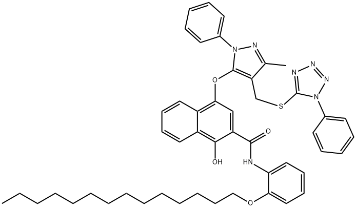 1-ヒドロキシ-4-[[3-メチル-1-フェニル-4-[[(1-フェニル-1H-テトラゾール-5-イル)チオ]メチル]-1H-ピラゾール-5-イル]オキシ]-N-[2-(テトラデシルオキシ)フェニル]-2-ナフタレンカルボアミド 化学構造式