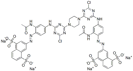 テトラナトリウム＝1，4-ビス｛4-［3-アセチルアミノ-4-（4，8-ジスルホナト-2-ナフチルアゾ）アニリノ］-6-クロロ-1，3，5-トリアジン-2-イル｝ピペラジン 化学構造式