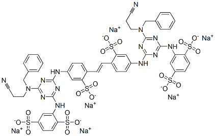 hexasodium 2,2'-[vinylenebis[(3-sulphonato-4,1-phenylene)imino[6-[(2-cyanoethyl)(phenylmethyl)amino]-1,3,5-triazine-4,2-diyl]imino]]bis(benzene-1,4-disulphonate) ,82799-31-3,结构式