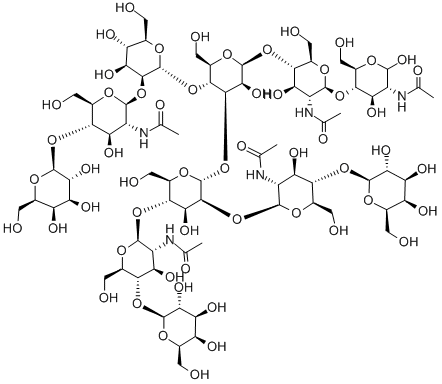 O-BETA-D-吡喃半乳糖基-(1-4)-O-2-(乙酰氨基)-2-脱氧-BETA-D-吡喃葡萄糖基-(1-2)-O-[O-BETA-D-吡喃半乳糖基-(1-4)-2-(乙酰氨基)-2-脱氧-BETA-D-吡喃葡萄糖基-(1-4)]-O-ALPHA-D-甘露糖基-(1-3)-O-[O-BETA-D-吡喃半乳糖基-(1-4)-O-2-(乙酰氨基)-2-脱氧-BETA-D-吡喃葡萄糖基-(1-2)-ALPHA-D-甘露糖基-(1-6)]-O-BETA-D-甘露糖基-(1-4)-O-2-(乙酰氨基)-2-脱氧-BETA-D-吡喃葡萄糖基-(1-4)-2-(乙酰氨基)-2-脱氧-D-葡萄糖,82867-73-0,结构式
