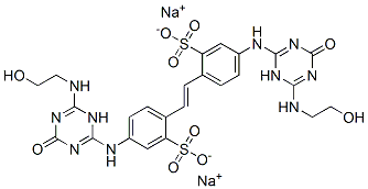 2,2'-(1,2-エテンジイル)ビス[5-[[[1,4-ジヒドロ-6-[(2-ヒドロキシエチル)アミノ]-4-オキソ-1,3,5-トリアジン]-2-イル]アミノ]ベンゼンスルホン酸]ジナトリウム 化学構造式