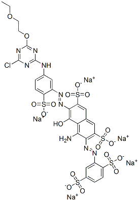 pentasodium 4-amino-6-[[5-[[4-chloro-6-(2-ethoxyethoxy)-1,3,5-triazin-2-yl]amino]-2-sulphonatophenyl]azo]-3-[(2,5-disulphonatophenyl)azo]-5-hydroxynaphthalene-2,7-disulphonate Structure