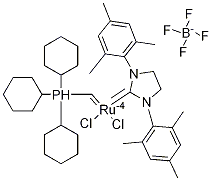 Dichloro[1,3-bis(2,4,6-trimethylphenyl)-2-imidazolidinylidene][(tricyclohexylphosphoranyl)methylidene]ruthenium(II) tetrafluoroborate 化学構造式