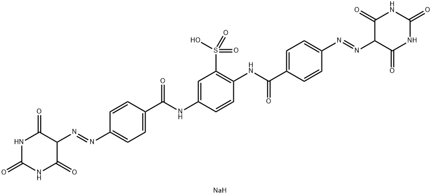 sodium 2,5-bis[4-[(hexahydro-2,4,6-trioxo-5-pyrimidinyl)azo]benzamido]benzenesulphonate Structure