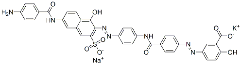 potassium sodium 5-[[4-[[[4-[[6-[(4-aminobenzoyl)amino]-1-hydroxy-3-sulphonato-2-naphthyl]azo]phenyl]amino]carbonyl]phenyl]azo]salicylate,83221-59-4,结构式