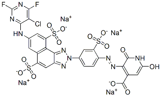 3-[[4-[7-[(5-chloro-2,6-difluoro-4-pyrimidinyl)amino]-5,9-disulpho-2H-naphtho[1,2-d]triazol-2-yl]-2-sulphophenyl]azo]-1,2-dihydro-6-hydroxy-2-oxoisonicotinic acid, sodium salt 化学構造式