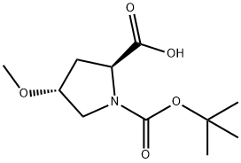 (2S,4R)-1-(tert-butoxycarbonyl)-4-methoxypyrrolidine-2-carboxylic acid 化学構造式