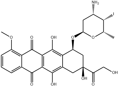 5,12-Naphthacenedione, 10-(2R,4S,5S,6S)-4-aminotetrahydro-5-iodo-6-methyl-2H-pyran-2-yloxy-7,8,9,10-tetrahydro-6,8,11-trihydroxy-8-(hydroxyacetyl)-1-methoxy-, (8S,10S)- 结构式