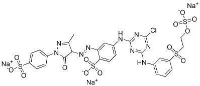 trisodium 4-[[4-chloro-6-[[3-[[2-(sulphonatooxy)ethyl]sulphonyl]phenyl]amino]-1,3,5-triazin-2-yl]amino]-2-[[4,5-dihydro-3-methyl-5-oxo-1-(4-sulphonatophenyl)-1H-pyrazol-4-yl]azo]benzenesulphonate 结构式