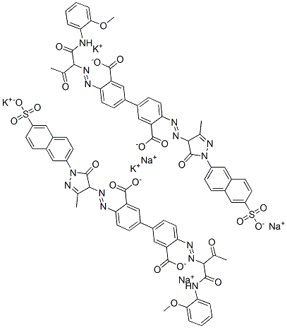 [1,1'-Biphenyl]-3,3'-dicarboxylic acid, 4-[[4,5-dihydro-3-methyl-5-oxo-1-(6-sulfo-2-naphthalenyl)-1H-pyrazol-4-yl]azo]-4'-[[1-[[(2-methoxyphenyl)amino]carbonyl]-2-oxopropyl]azo]-, potassium sodium salt 结构式
