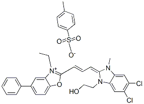 2-[3-[5,6-dichloro-1,3-dihydro-1-(2-hydroxyethyl)-3-methyl-2H-benzimidazol-2-ylidene]prop-1-enyl]-3-ethyl-5-phenylbenzoxazolium toluene-p-sulphonate Structure