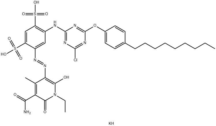 dipotassium 4-[[5-(aminocarbonyl)-1-ethyl-1,6-dihydro-2-hydroxy-4-methyl-6-oxo-3-pyridyl]azo]-6-[[4-chloro-6-(4-nonylphenoxy)-1,3,5-triazin-2-yl]amino]benzene-1,3-disulphonate,84434-49-1,结构式