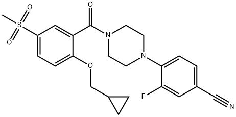 4-[4-[2-(环丙基甲氧基)-5-甲基磺酰基苯甲酰]哌嗪-1-基]-3-氟苯甲腈 结构式