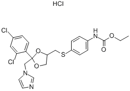 (+/-)-ETHYL-CIS-[4-[[2-(2,4-DICHLOROPHENYL)-2-(1H-IMIDAZOL-1-YLMETHYL)-1,3-DIOXOLAN-4-YL]-METHYLTHIO]PHENYL]-CARBAMATE HYDROCHLORIDE Struktur